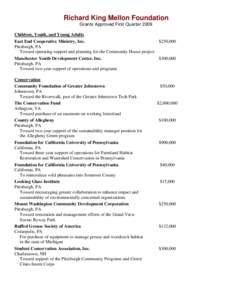 Richard King Mellon Foundation Grants Approved First Quarter 2009 Children, Youth, and Young Adults East End Cooperative Ministry, Inc. $250,000 Pittsburgh, PA