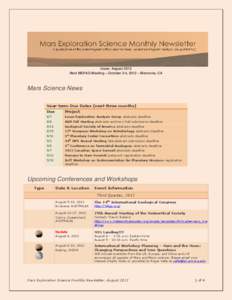 Issue: August 2012 Next MEPAG Meeting – October 3-4, 2012 – Monrovia, CA Mars Science News Near-term Due Dates (next three months) Due