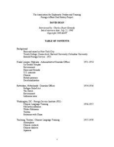 The Association for Diplomatic Studies and Training Foreign Affairs Oral History Project DAVID DEAN