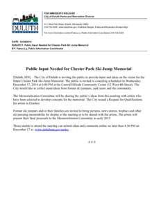 FOR IMMEDIATE RELEASE City of Duluth Parks and Recreation Division   411 West First Street, Duluth, Minnesota[removed]4309 | www.duluthmn.gov | Kathleen Bergen, Parks and Recreation Division Mgr.
