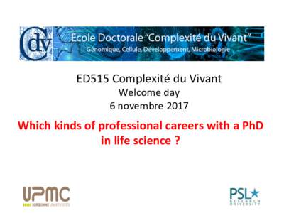 ED515	Complexité	du	Vivant	 Welcome	day	 6	novembre	2017 Which	kinds	of	professional	careers	with	a	PhD