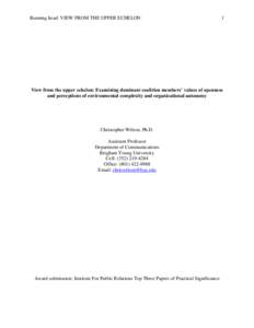 Running head: VIEW FROM THE UPPER ECHELON  1 View from the upper echelon: Examining dominant coalition members’ values of openness and perceptions of environmental complexity and organizational autonomy