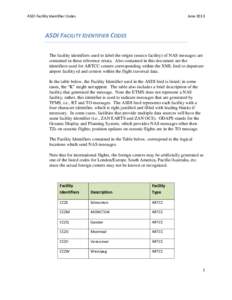 ASDI Facility Identifier Codes  June 2013 ASDI FACILITY IDENTIFIER CODES The facility identifiers used to label the origin (source facility) of NAS messages are