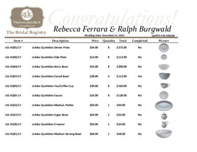 The Bridal Registry Item # Congratulations! Rebecca Ferrara & Ralph Burgwald Wedding Date: December 21, 2013