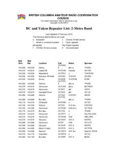 BRITISH COLUMBIA AMATEUR RADIO COORDINATION COUNCIL For further information refer to www.bcarcc.org. Copyright by BCARCC  BC and Yukon Repeater List: 2-Metre Band