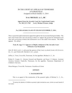 IN THE COURT OF APPEALS OF TENNESSEE AT KNOXVILLE Assigned on Briefs October 13, 2014 IN RE MICHAEL A. C., JR.1 Appeal from the Juvenile Court for Cumberland County No[removed]JV-3765