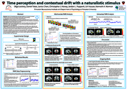 Time perception and contextual drift with a naturalistic stimulus Olga Lositsky, Daniel Toker, Janice Chen, Christopher J. Honey, Jordan L. Poppenk, Uri Hasson, Kenneth A. Norman Princeton Neuroscience Institute and Depa