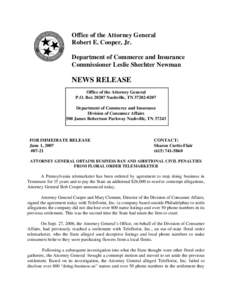 Office of the Attorney General Robert E. Cooper, Jr. Department of Commerce and Insurance Commissioner Leslie Shechter Newman  NEWS RELEASE