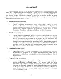 Independent Am end m ents, as ad op ted , for the Ind epend ent Agencies result in a net d ecrease of $2.8 m illion N GF. This net red uction results from a $5.5 m illion N GF d ecrease in the ad m inistrative expend itu