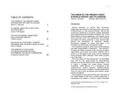 1  THE ORIGIN OF THE PRESENT CRISIS IN WORLD HISTORY AND ITS LESSONS  TABLE OF CONTENTS