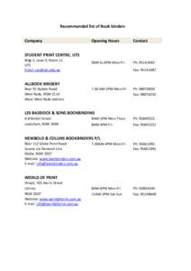 Recommended list of Book binders Company Opening Hours  Contact