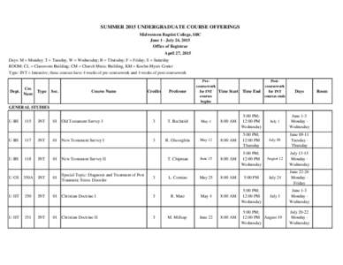 SUMMER 2015 UNDERGRADUATE COURSE OFFERINGS Midwestern Baptist College, SBC June 1 - July 24, 2015 Office of Registrar April 27, 2015 Days: M = Monday; T = Tuesday, W = Wednesday; R = Thursday; F = Friday; S = Saturday