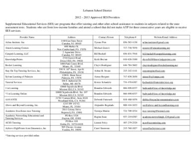 Lebanon School District 2012 – 2013 Approved SES Providers Supplemental Educational Services (SES) are programs that offer tutoring and other after-school assistance to students in subjects related to the state assessm