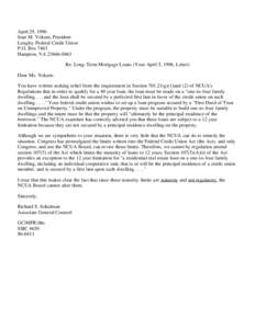 April 29, 1996 Jean M. Yokum, President Langley Federal Credit Union P.O. Box 7463 Hampton, VA[removed]Re: Long-Term Mortgage Loans (Your April 5, 1996, Letter)