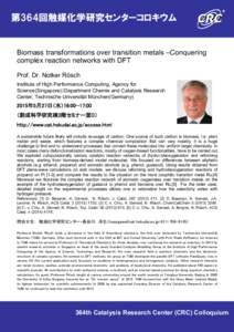 第364回触媒化学研究センターコロキウム  Biomass transformations over transition metals –Conquering complex reaction networks with DFT Prof. Dr. Notker Rösch Institute of High Performance Computing, Age