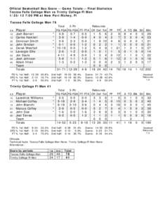 Official Basketball Box Score -- Game Totals -- Final Statistics Toccoa Falls College Men vs Trinity College Fl Men[removed]:00 PM at New Port Richey, Fl Toccoa Falls College Men 78 ##