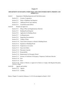 Chapter 53 DEPARTMENT OF BUILDING INSPECTION AND CODE ENFORCEMENT; PERMITS AND APPROVALS Article I  Department of Building Inspection and Code Enforcement