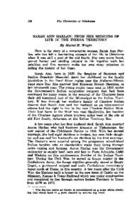 The Chronicles of Oklahoma:  SARAH ANN HARLAN: FROM HER MEMOIRS OF LIFE I N THE INDIAN TERRITORY By Muriel H. Wright Here is the story of a remarkable woman, Sarah Ann Harlan, who has left a fascinating account of her li