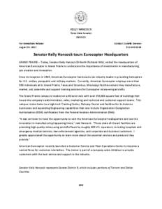 KELLY HANCOCK Texas State Senator District 9 For Immediate Release August 22, 2013
