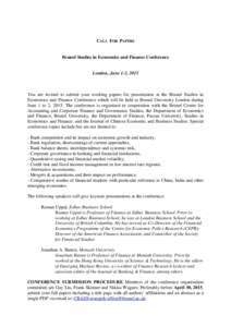 CALL FOR PAPERS  Brunel Studies in Economics and Finance Conference London, June 1-2, 2015