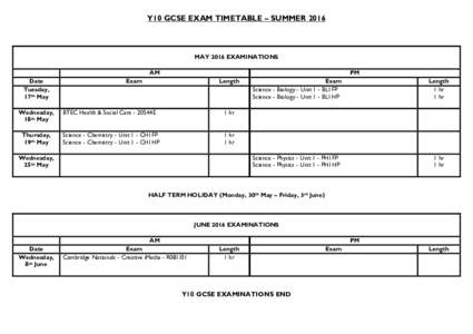 Y10 GCSE EXAM TIMETABLE – SUMMERMAY 2016 EXAMINATIONS AM Date Tuesday,