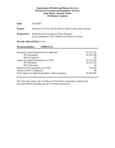 Department of Health and Human Services Division of Licensing and Regulatory Services State House, Augusta, Maine Preliminary Analysis  Date: