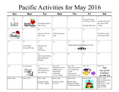 Pacific Activities for May 2016 Sun 1 Mon 2