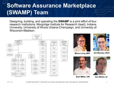 Software Assurance Marketplace (SWAMP) Team Designing, building, and operating the SWAMP is a joint effort of four research institutions: Morgridge Institute for Research (lead), Indiana University, University of Illinoi