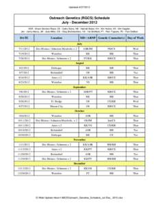 Updated[removed]Outreach Genetics (RGCS) Schedule July - December 2012 ASR - Alvaro Serrano-Russi, CE - Cathy Evers, HB - Hannah Baker, KH - Kim Horton, KK - Kim Keppler, Jen - Jenny Marcy, JM - Judy Miller, OS - Oleg