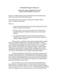 Transcultural Concepts in Nursing Care Margaret M. Andrews, PhD, RN, CTN, FAAN Joyceen S. Boyle, PhD, RN, CTN, FAAN Purpose: To contribute to the development of theoretically based transcultural nursing and the advanceme