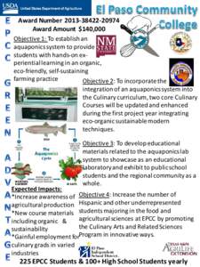 Award Number[removed] Award Amount $140,000 Objective 1: To establish an aquaponics system to provide students with hands-on experiential learning in an organic, eco-friendly, self-sustaining