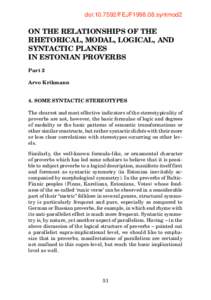 doi:[removed]FEJF1998.08.syntmod2  ON THE RELATIONSHIPS OF THE RHETORICAL, MODAL, LOGICAL, AND SYNTACTIC PLANES IN ESTONIAN PROVERBS