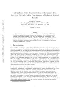 arXiv:1208.3429v1 [math.CV] 15 Aug[removed]Integral and Series Representations of Riemann’s Zeta function, Dirichelet’s Eta Function and a Medley of Related Results Michael S. Milgram ∗