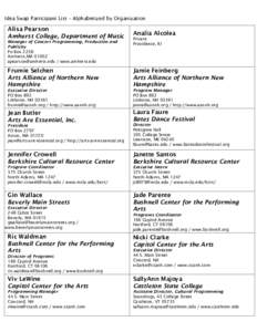 Idea Swap Participant List – Alphabetized by Organization  Alisa Pearson Amherst College, Department of Music Manager of Concert Programming, Production and Publicity