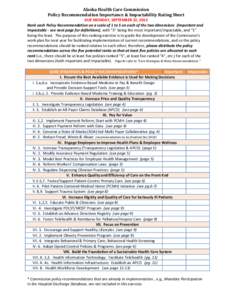 Alaska Health Care Commission Policy Recommendation Importance & Impactability Rating Sheet DUE MONDAY, SEPTEMBER 22, 2014 Rank each Policy Recommendation on a scale of 1 to 5 on each of the two dimensions (Important and