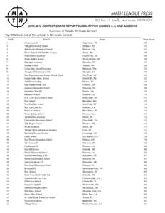 CONTEST SCORE REPORT SUMMARY FOR GRADES 4, 5, AND ALGEBRA Summary of Results 4th Grade Contest Top 90 Schools out of 714 schools in 4th Grade Contest Rank