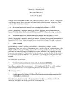 TONOPAH TOWN BOARD MEETING MINUTES JANUARY 25, 2012 Tonopah Town Board Chairman Jon Zane called the meeting to order at 6:59 pm. Also present were Horace Carlyle, Javier Gonzalez, and Glenn Hatch (Duane Downing was absen