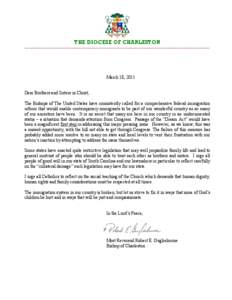 THE DIOCESE OF CHARLESTON _______________________________________________________________________________________________ March 18, 2011 Dear Brothers and Sisters in Christ, The Bishops of The United States have consiste