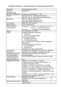 Fakultät Statistik - Kom mentiertes Vorlesung s verzeichnis Semester Titel der Veran staltun g Art der Veranstaltung Module