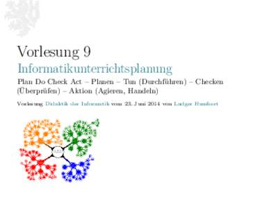 Vorlesung 9 Informatikunterrichtsplanung Plan Do Check Act – Planen – Tun (Durchführen) – Checken (Überprüfen) – Aktion (Agieren, Handeln) Vorlesung Didaktik der Informatik vom 23. Juni 2014 von Ludger Humbert