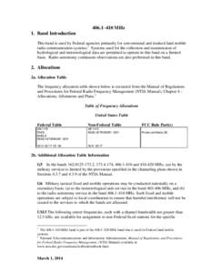 406.1–410 MHz 1. Band Introduction This band is used by Federal agencies primarily for conventional and trunked land mobile radio communication systems.1 Systems used for the collection and transmission of hydrological