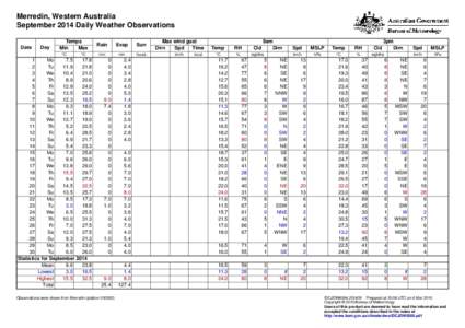 Merredin, Western Australia September 2014 Daily Weather Observations Date Day