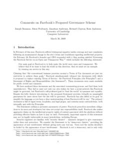 Comments on Facebook’s Proposed Governance Scheme Joseph Bonneau, Sören Preibusch, Jonathan Anderson, Richard Clayton, Ross Anderson University of Cambridge Computer Laboratory March 30, 2009