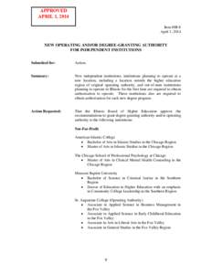 APPROVED APRIL 1, 2014 Item #III-8 April 1, 2014  NEW OPERATING AND/OR DEGREE-GRANTING AUTHORITY