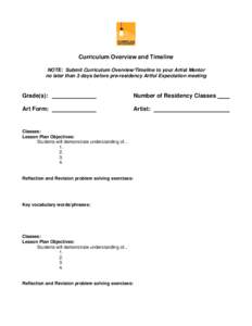 Curriculum Overview and Timeline NOTE: Submit Curriculum Overview/Timeline to your Artist Mentor no later than 3 days before pre-residency Artful Expectation meeting Grade(s):