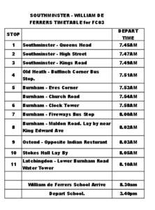 SOUTHMINSTER - WILLIAM DE FERRERS TIMETABLE for FC03 DEPART