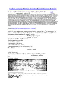 Southern Campaign American Revolution Pension Statements & Rosters Bounty Land Warrant information relating to William Hensley VAS1497 Transcribed by Will Graves vsl[removed]