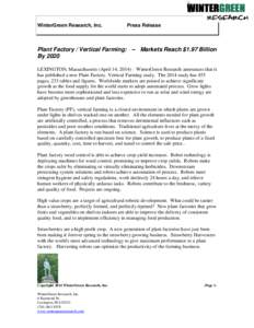 WinterGreen Research, Inc.  Press Release Plant Factory / Vertical Farming: -- Markets Reach $1.97 Billion By 2020