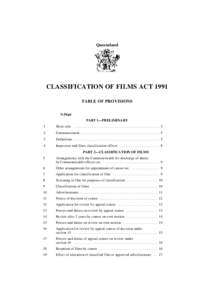 Queensland  CLASSIFICATION OF FILMS ACT 1991 TABLE OF PROVISIONS Section Page
