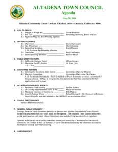 ALTADENA TOWN COUNCIL Agenda May 20, 2014 Altadena Community Center 730 East Altadena Drive • Altadena, California[removed]CALL TO ORDER 1.1. Pledge of Allegiance____________________ Councilmember